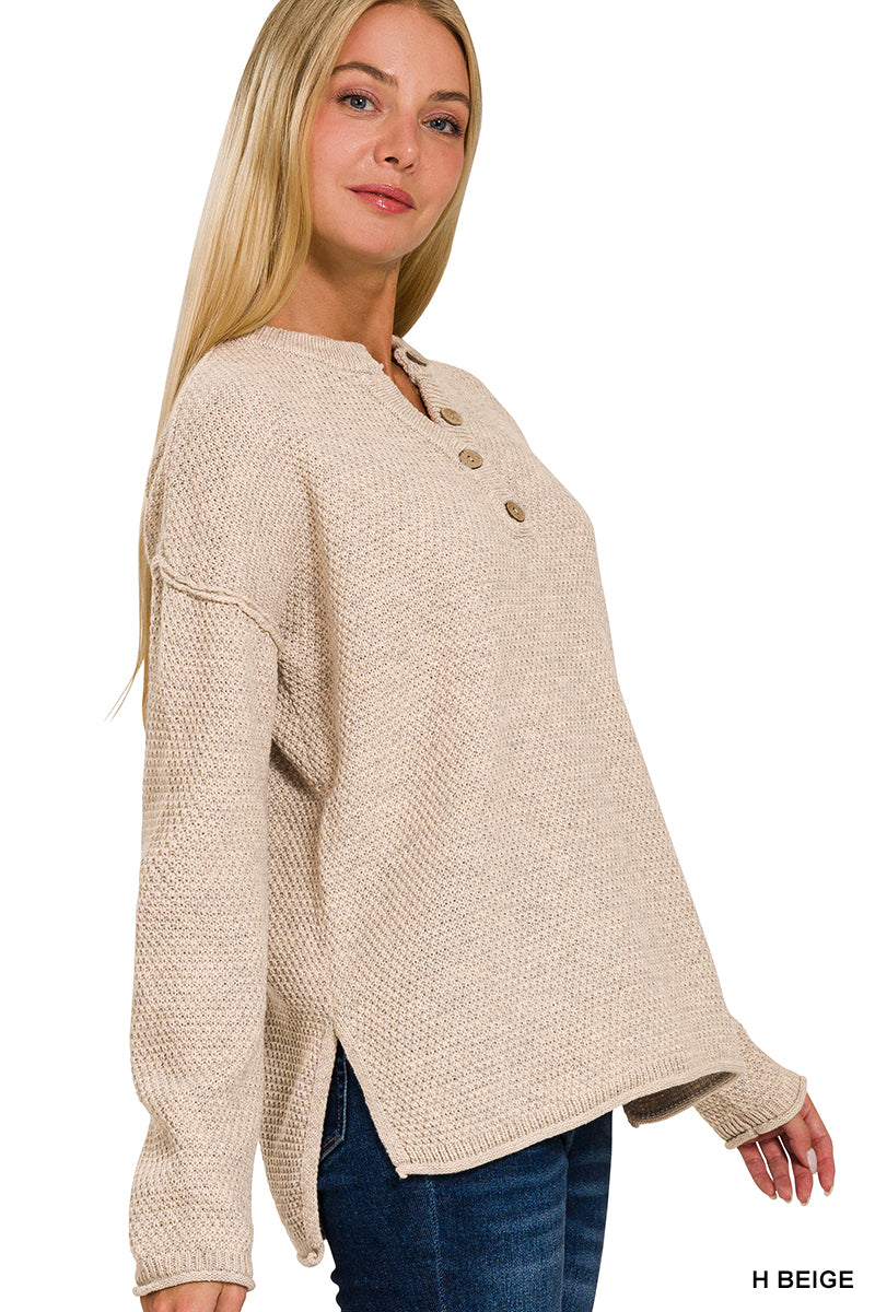 Heather Beige Button Henley Sweater