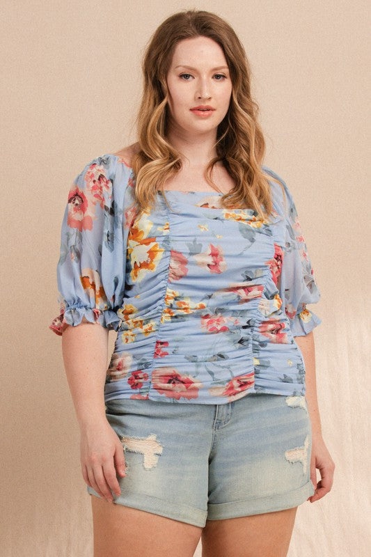 Blue Floral Ruched Top