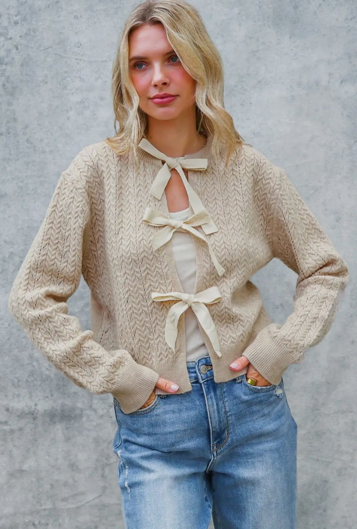 Oatmeal Bow Front Cable Knit Cardigan