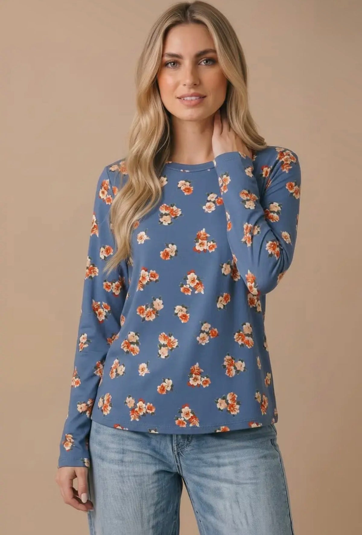 Blue Vintage Floral Long Sleeve Top