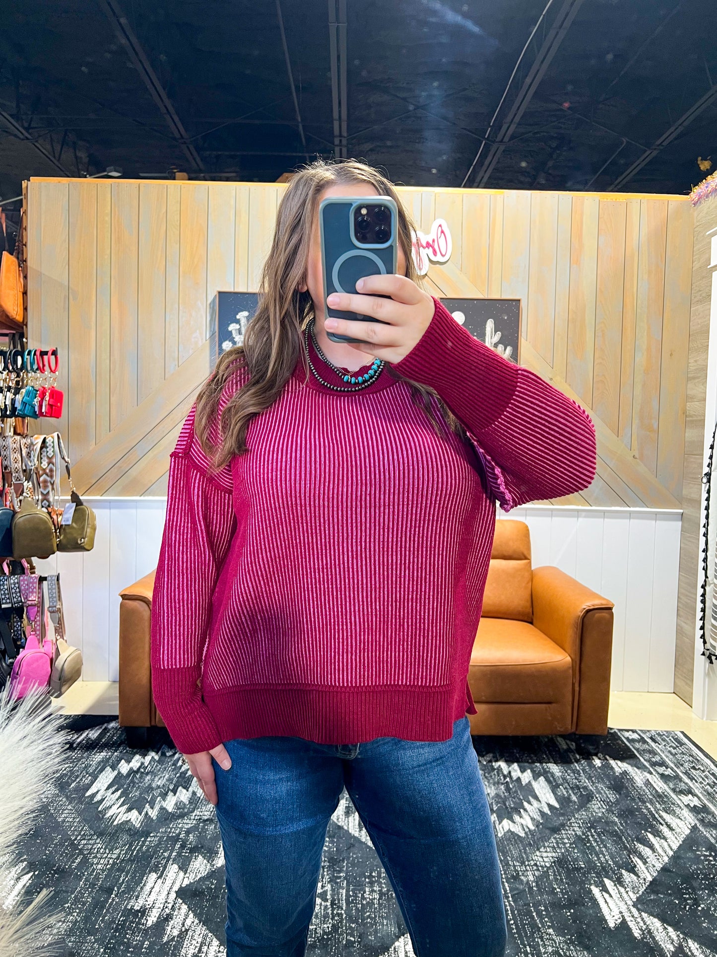 Cabernet & Candy Pink Ribbed Two-Tone Sweater