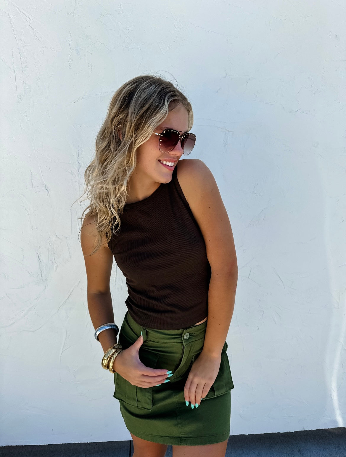 Brown Ribbed Ruched Sides Tank