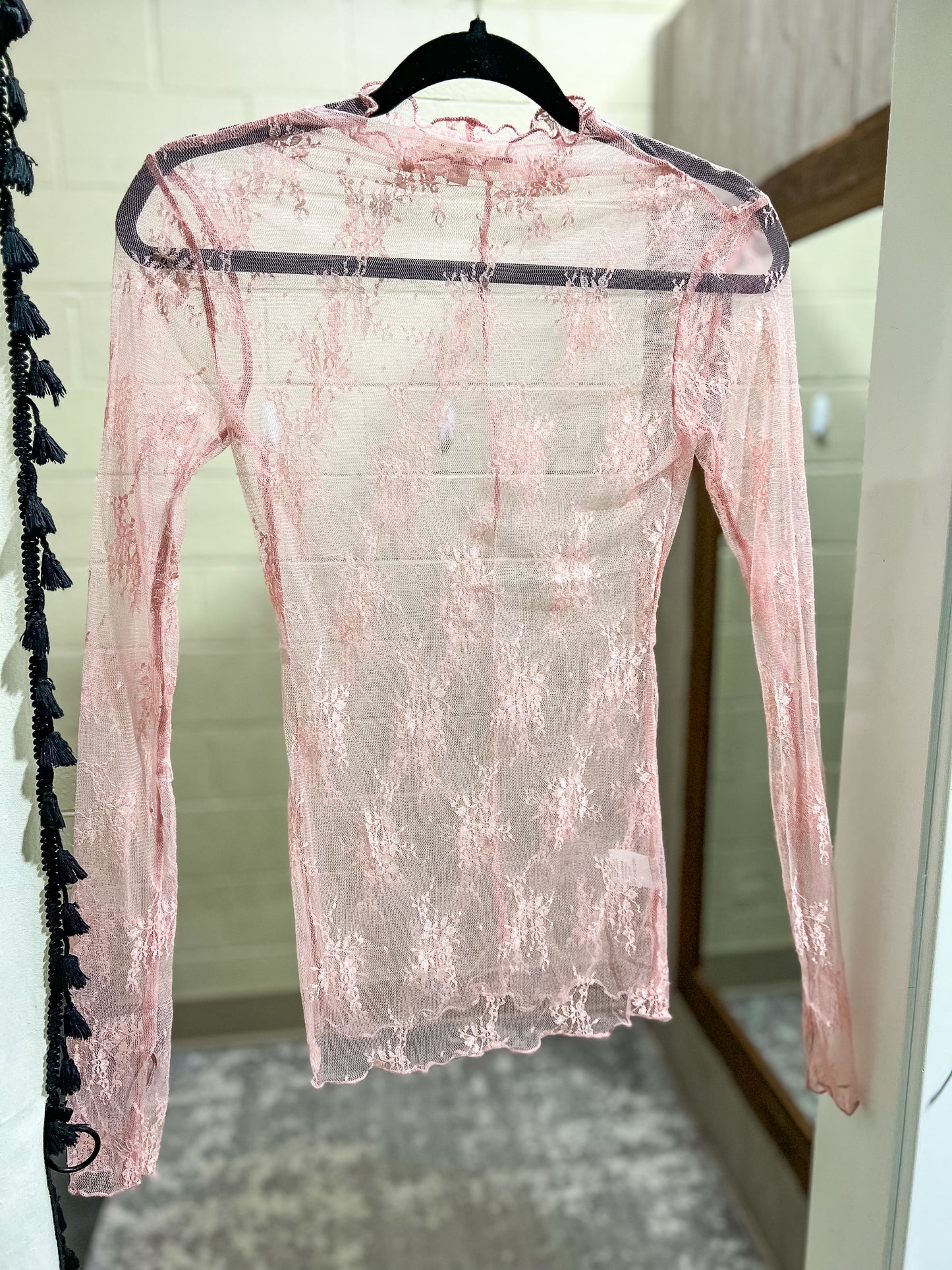 Pink Sheer Mesh Lace Long Sleeve Top