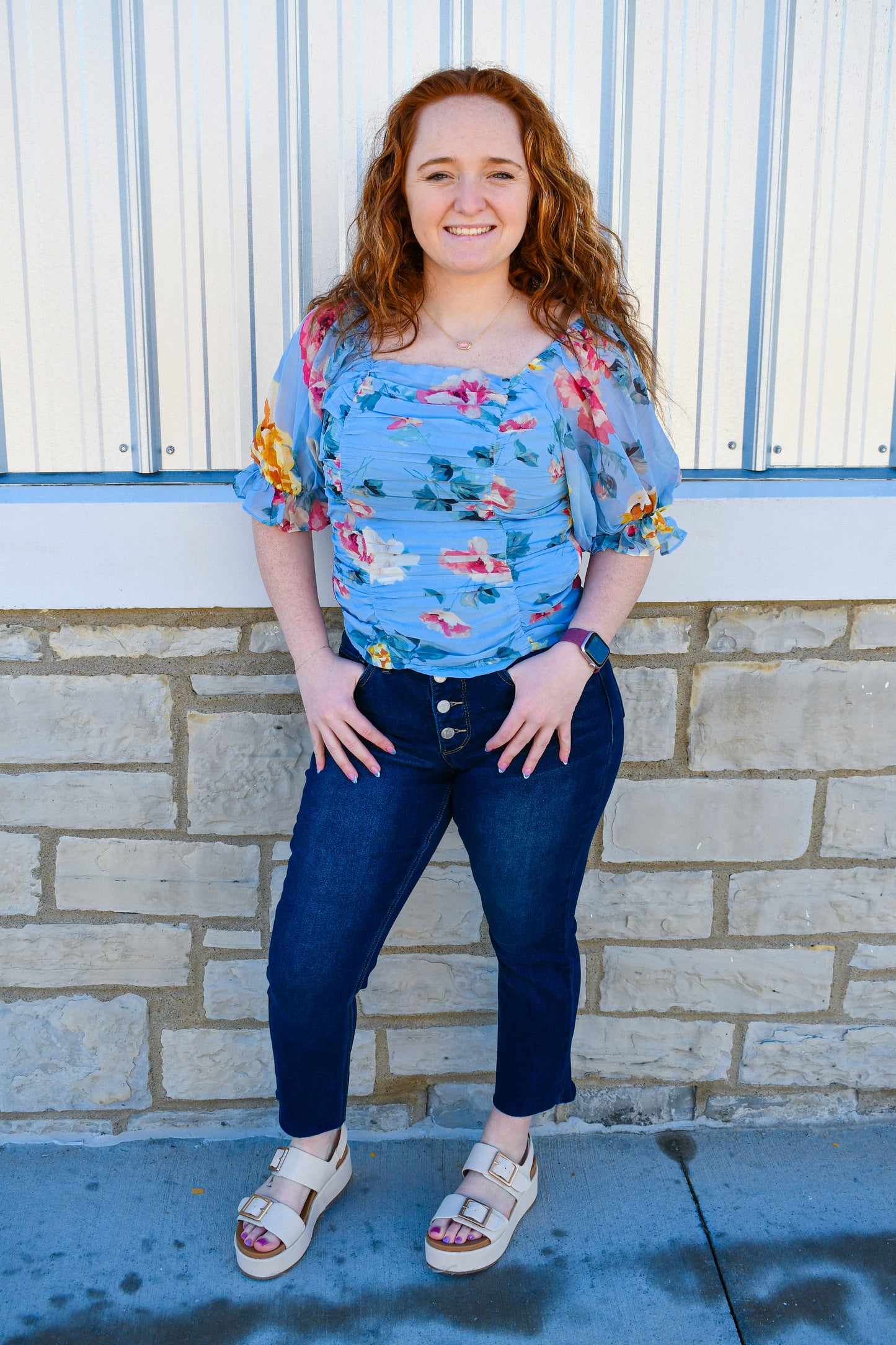 Blue Floral Ruched Top