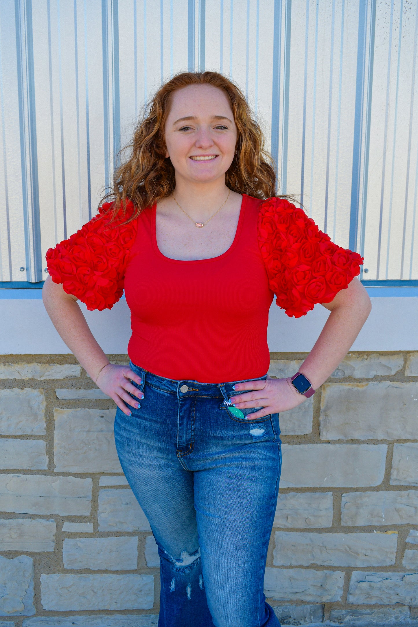 Red Rose Petal Sleeve Ribbed Bodysuit