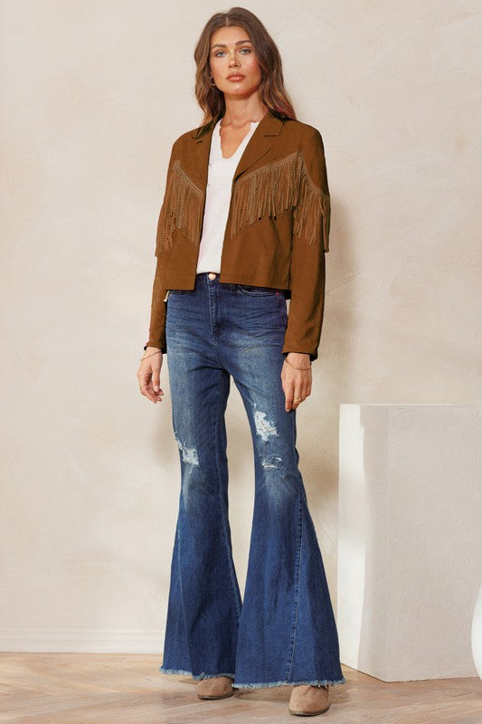 Tan Suede Studded Fringe Jacket