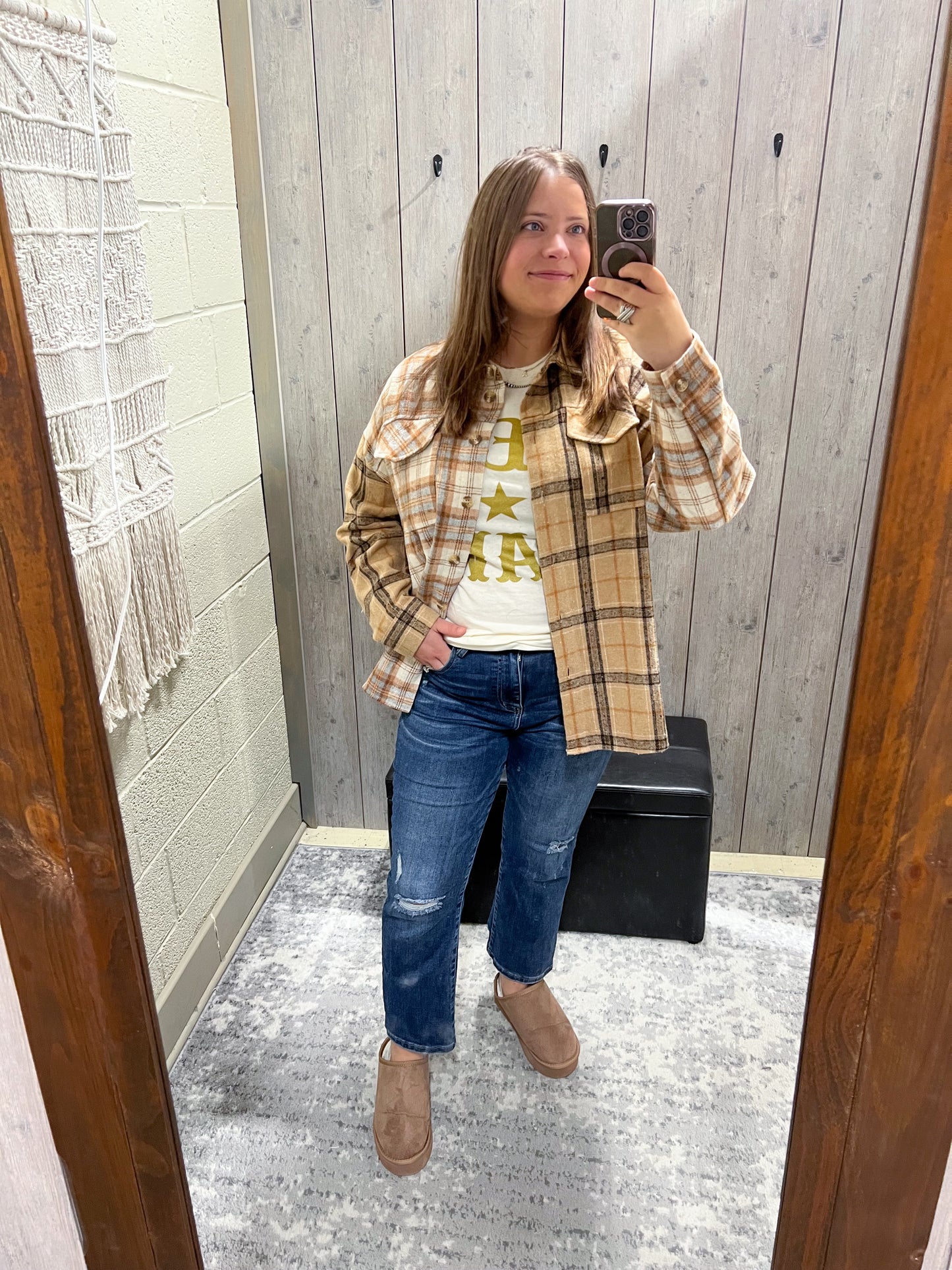 Taupe + Ivory Plaid Flannel Shacket