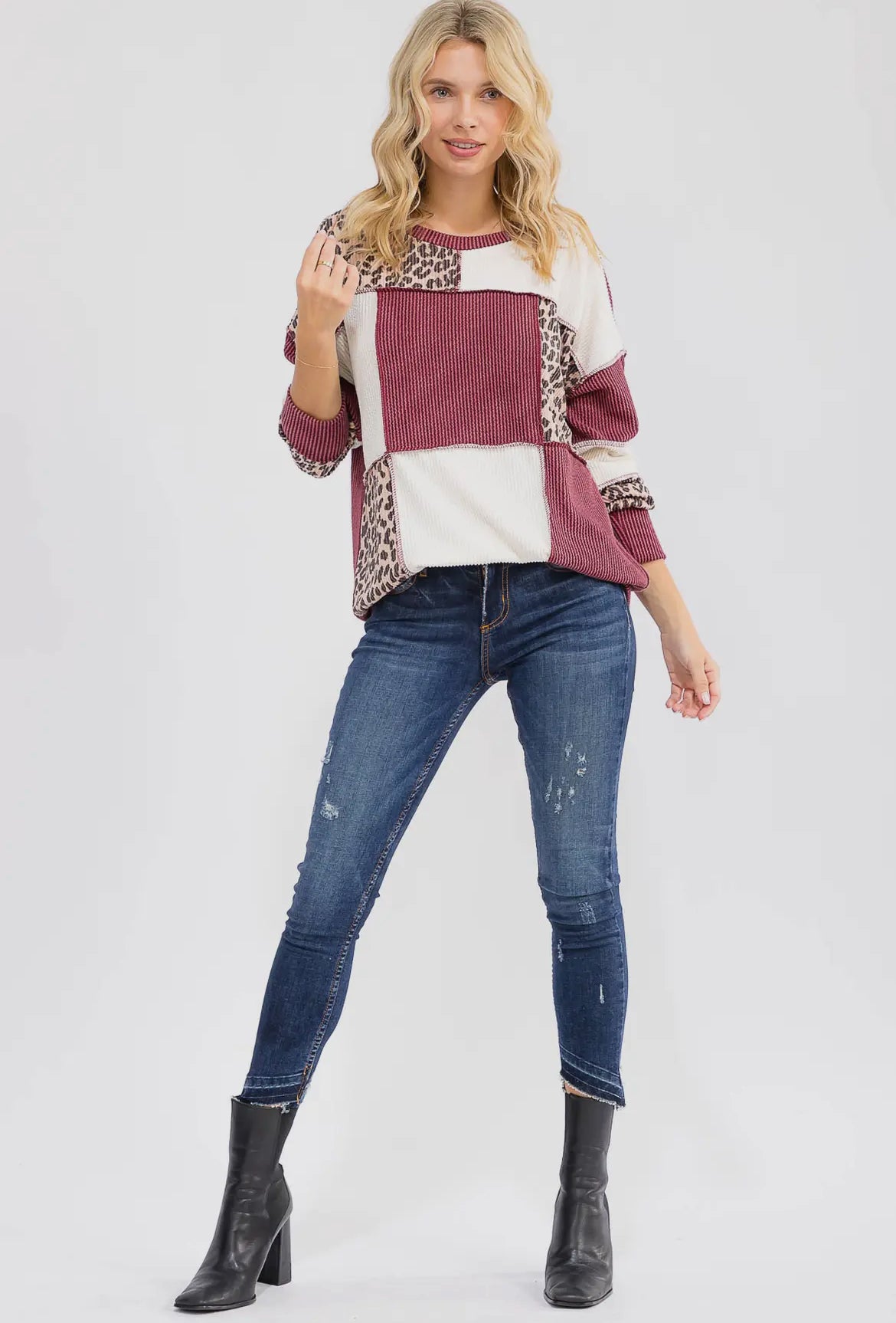 Burgundy + Cheetah Ribbed Colorblock Long Sleeve Top