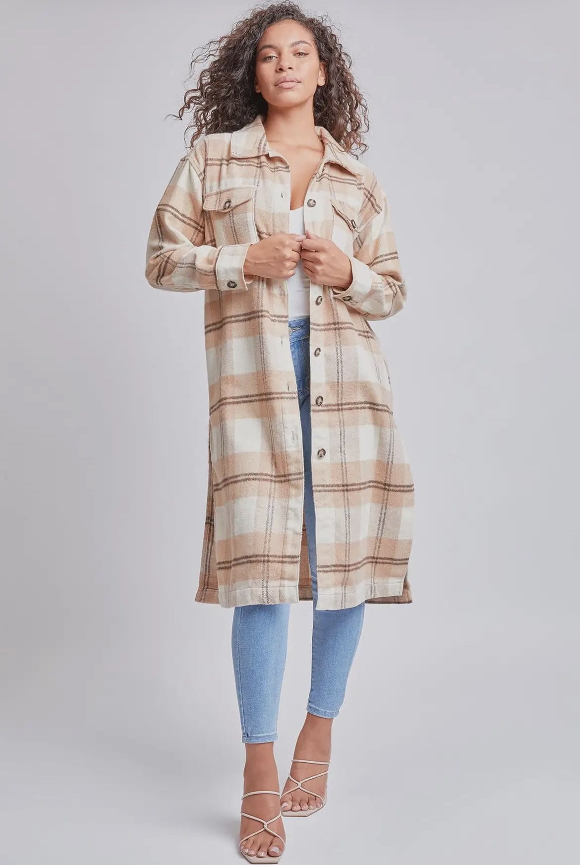 Tan Plaid Long Shacket