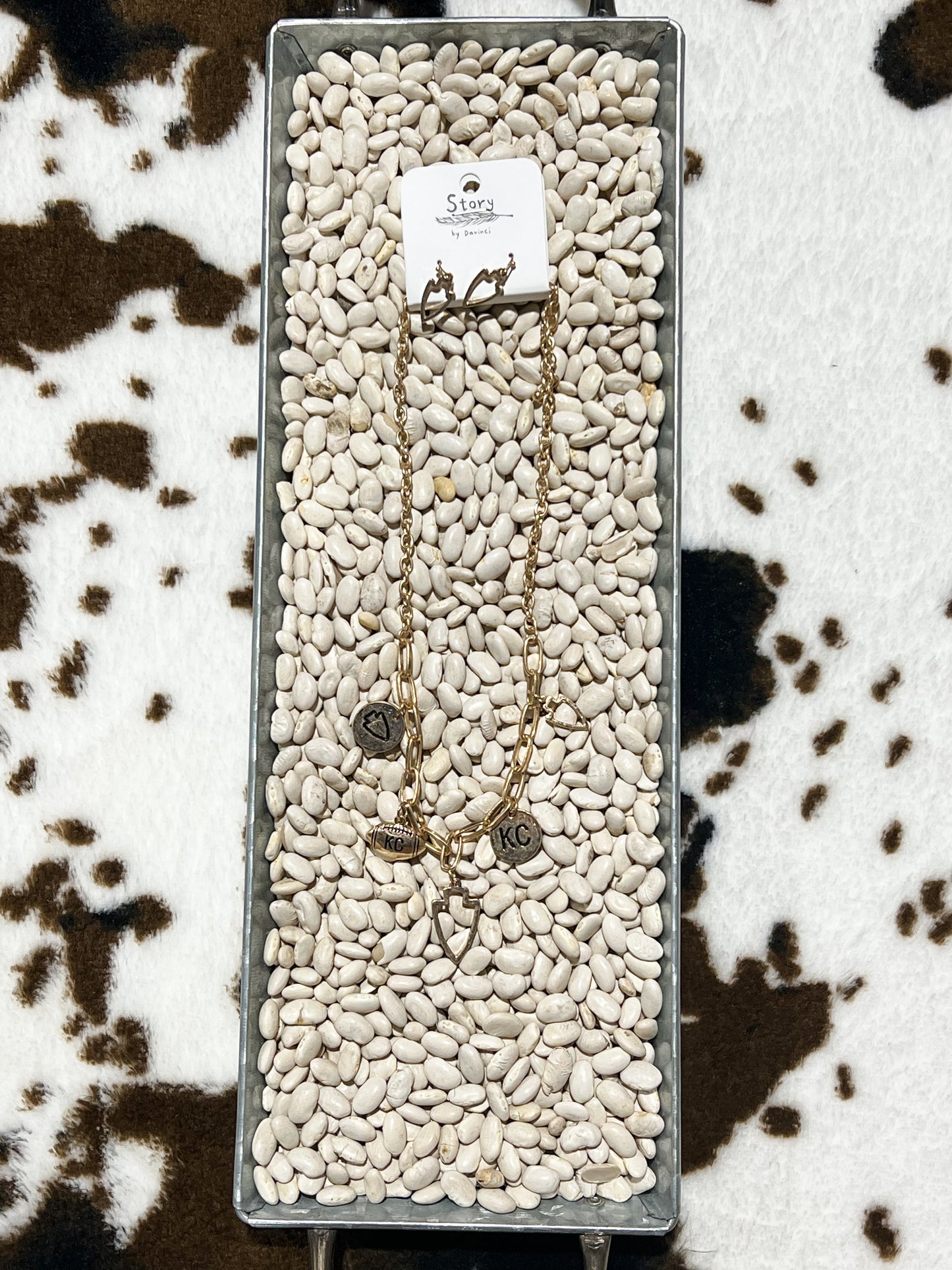 Hammered Gold KC Charm Necklace + Earrings Set