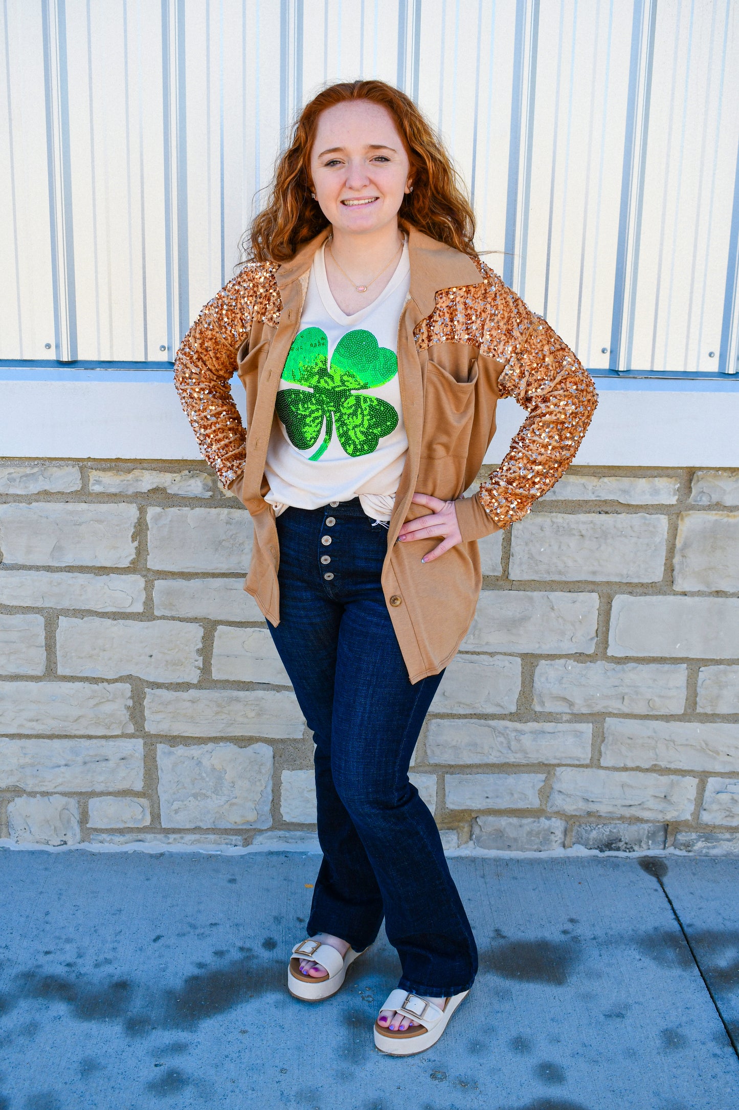 Camel Sequin Sleeve Shacket