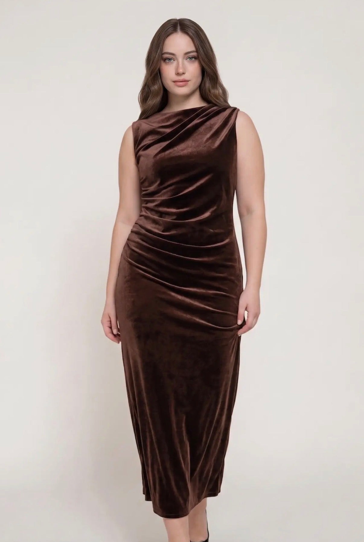 Brown Sleeveless Ruched Velvet Dress