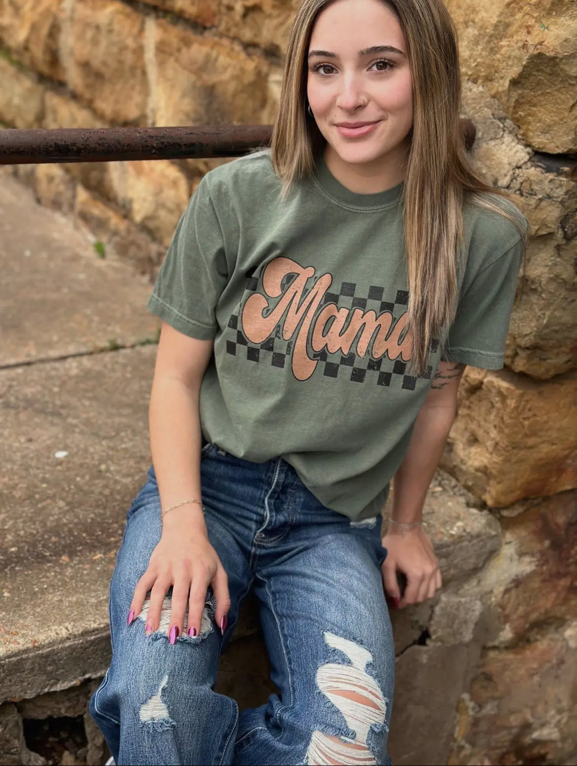 Olive Retro Checkered Comfort Colors Tee