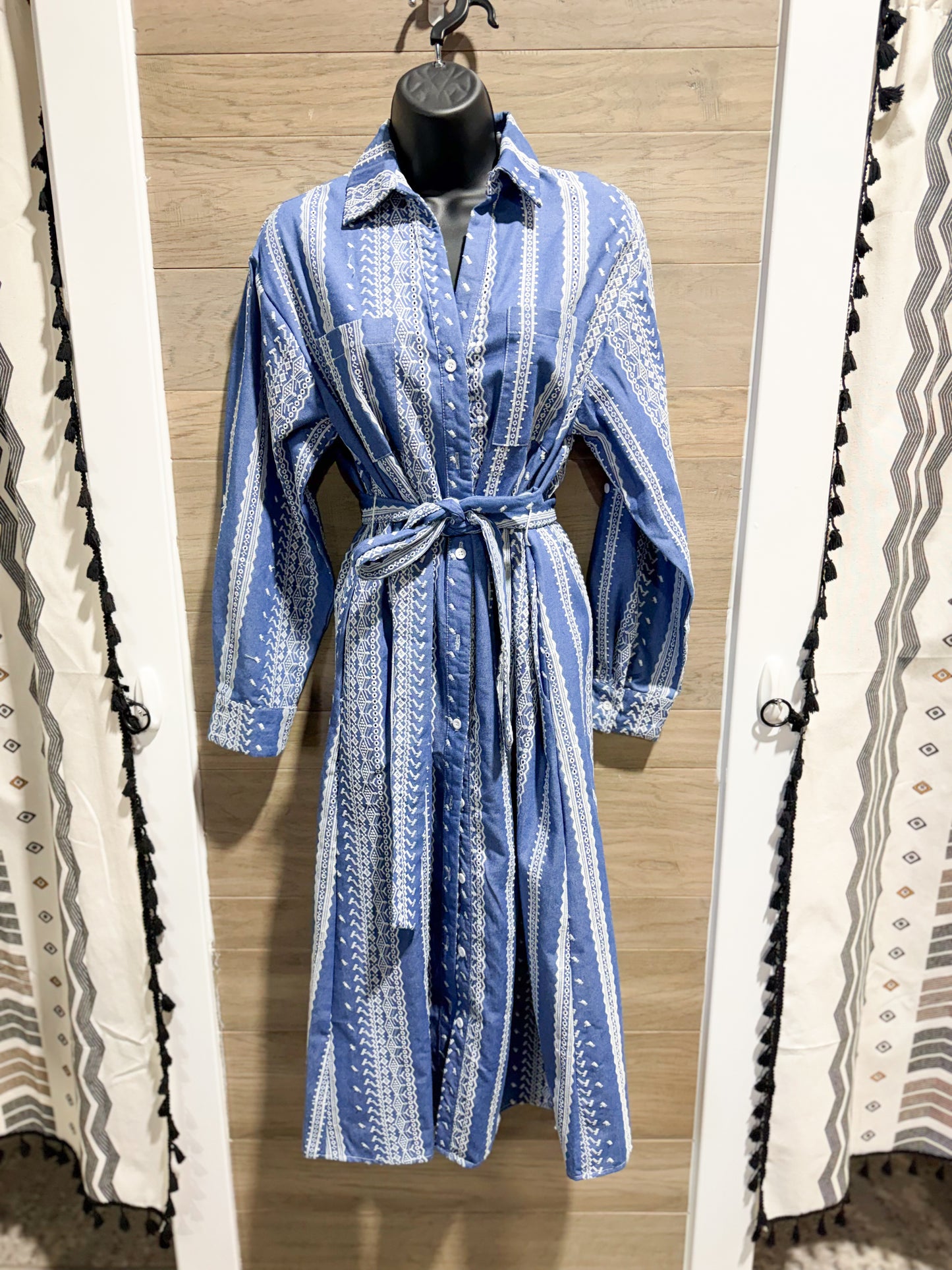 Denim Embroidered Midi Shirt Dress