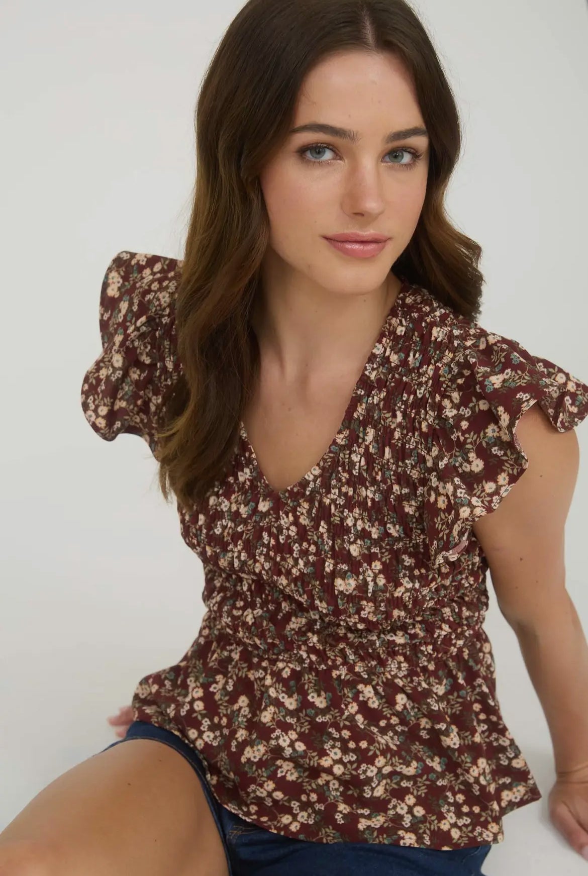 Dark Burgundy Floral Peplum Top