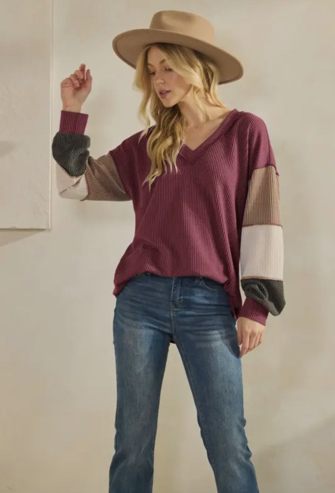 Burgundy Ribbed V-Neck Colorblock Long Sleeve Top