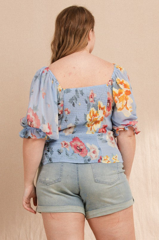 Blue Floral Ruched Top