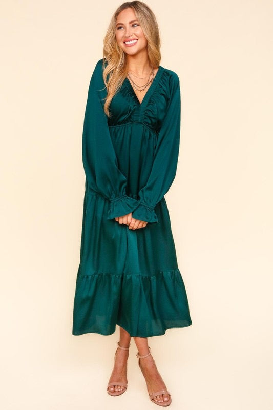 SMALL Hunter Green Satin Babydoll Dress