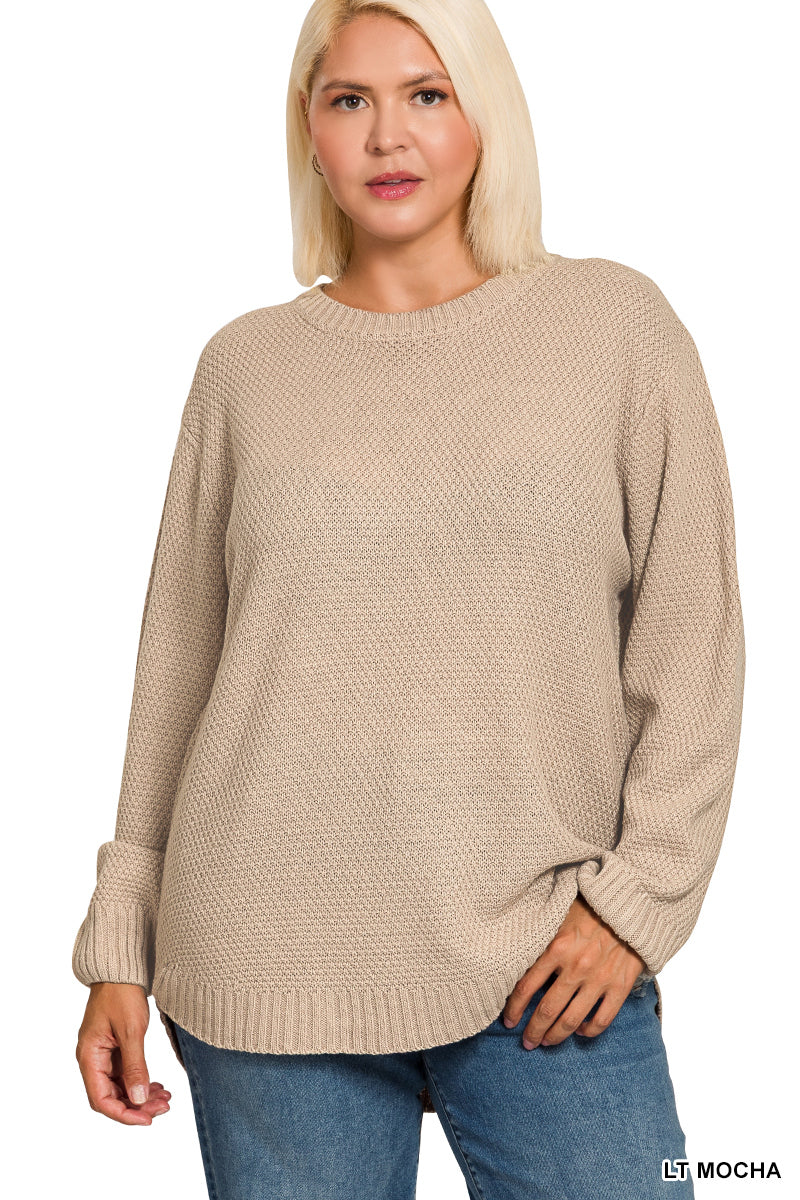 Light Mocha Round Neck Waffle Knit Sweater
