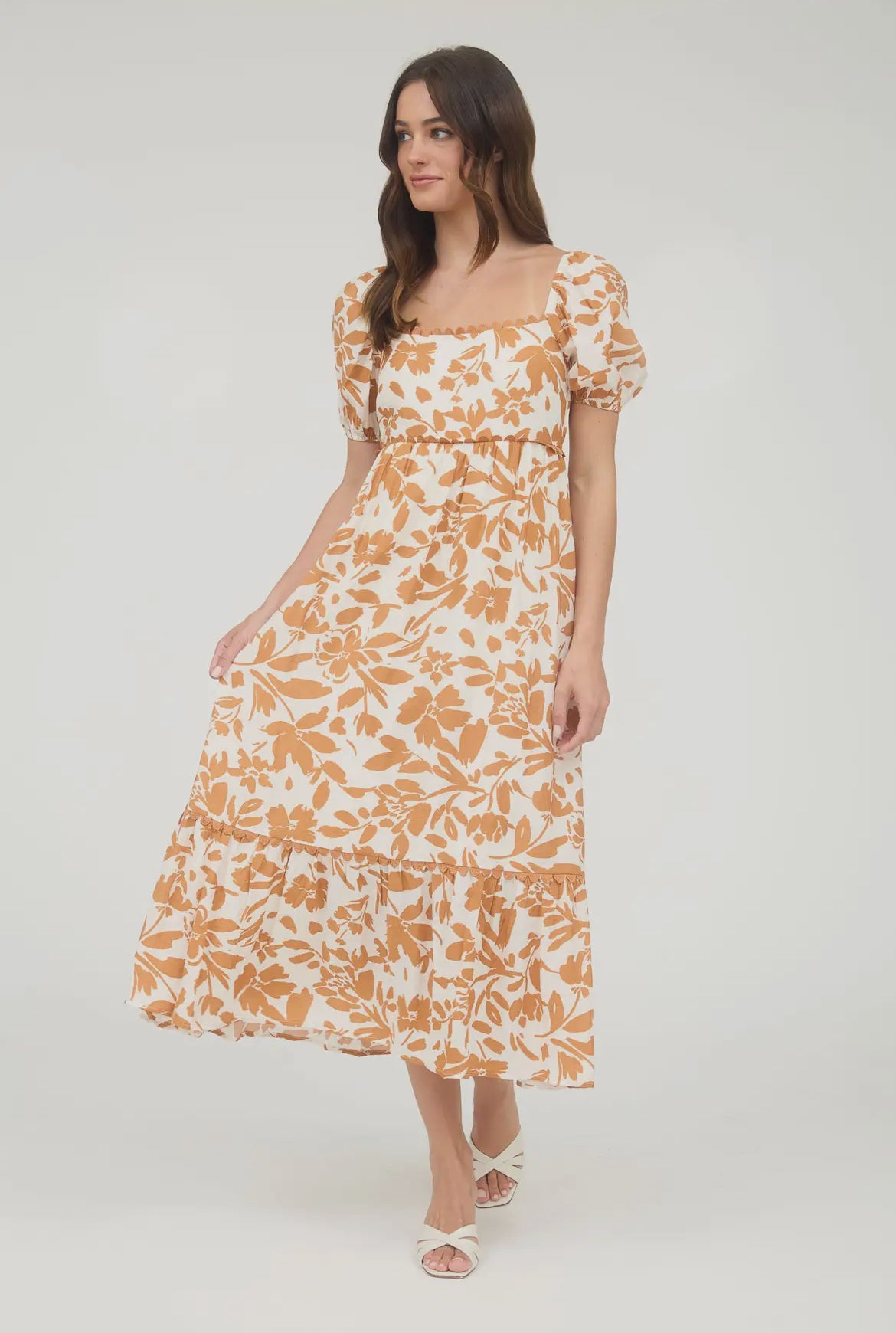Burnt Orange Floral Midi Dress