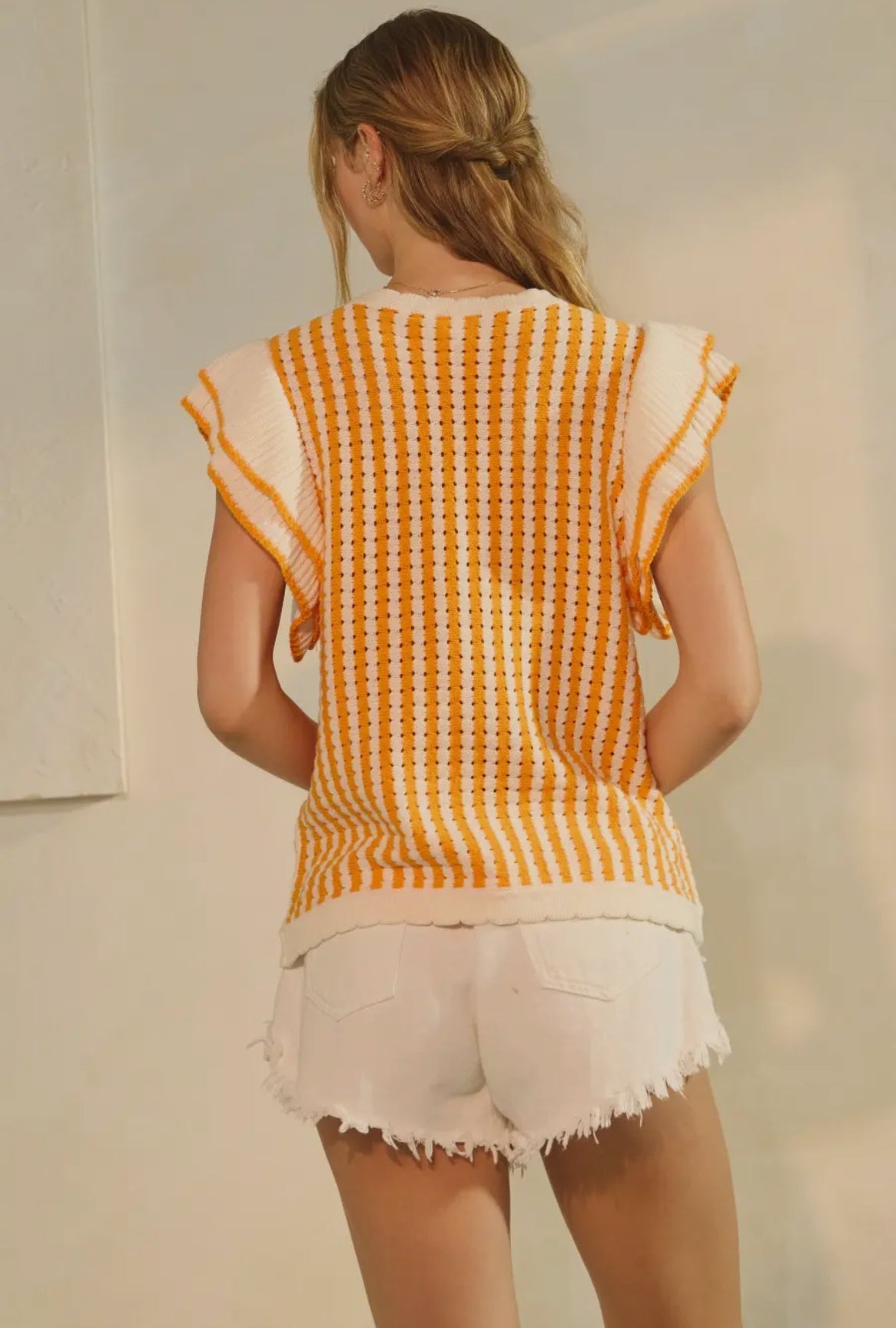 Orange Stripe Ruffle Sleeve Sweater Top