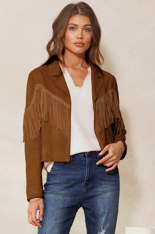 Tan Suede Studded Fringe Jacket