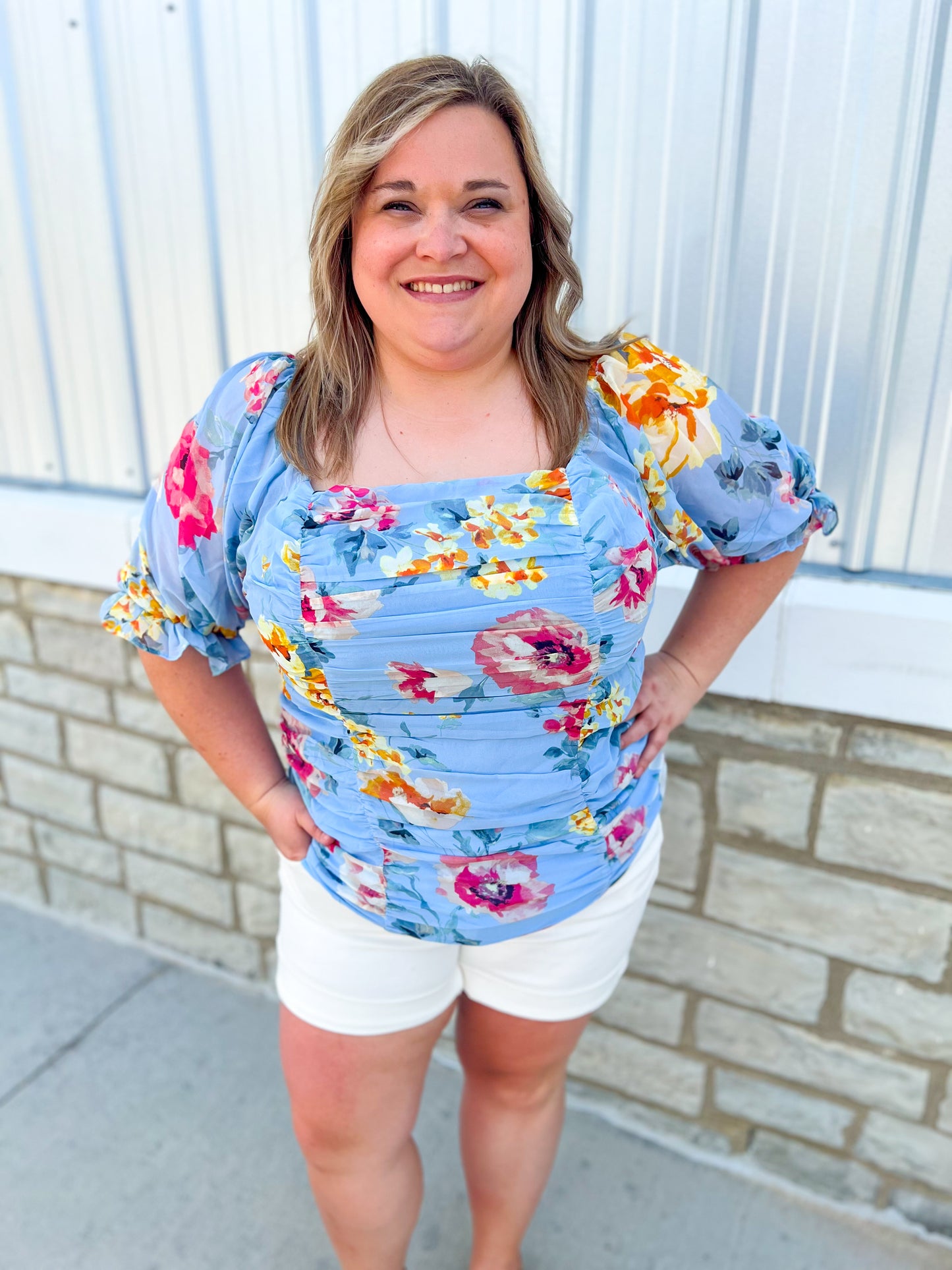 Blue Floral Ruched Top