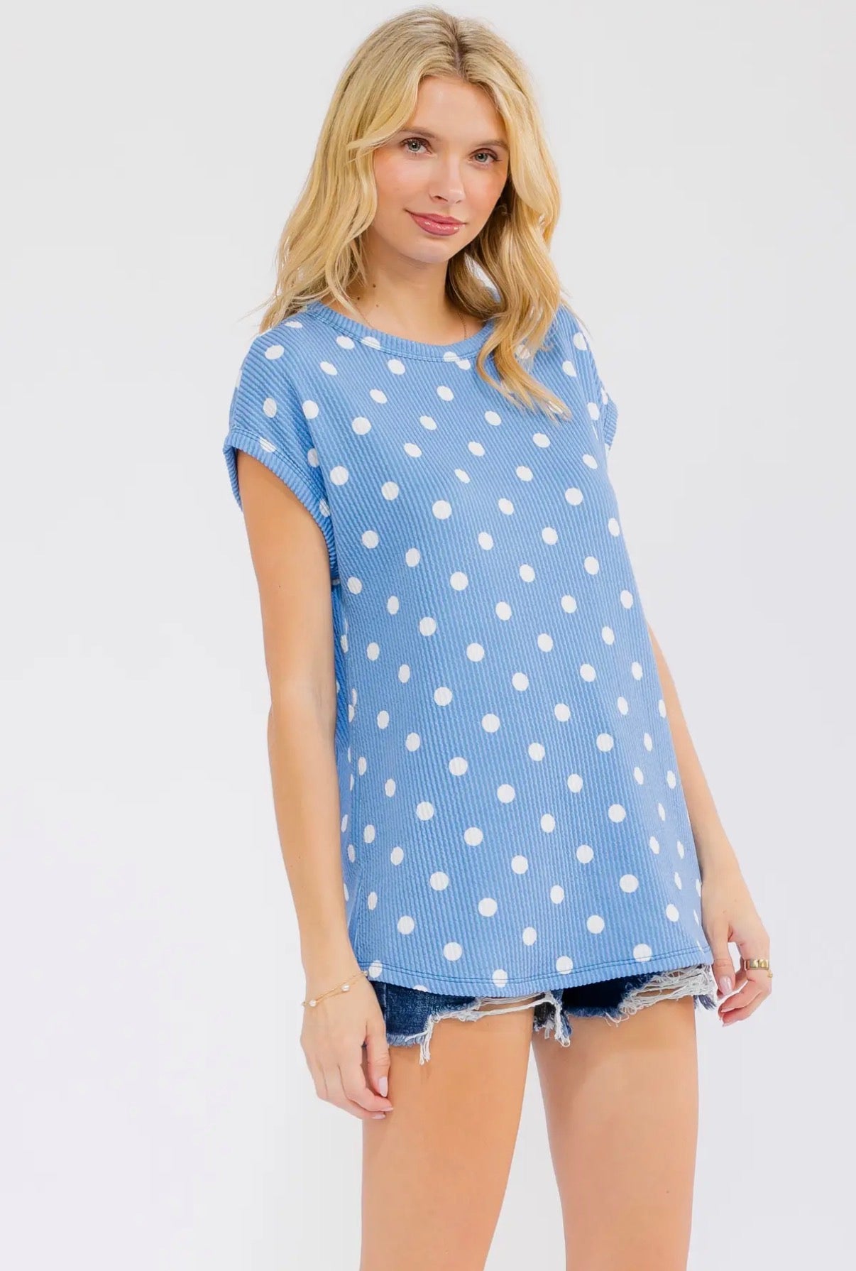 Blue Skies Ribbed Polka Dot Top