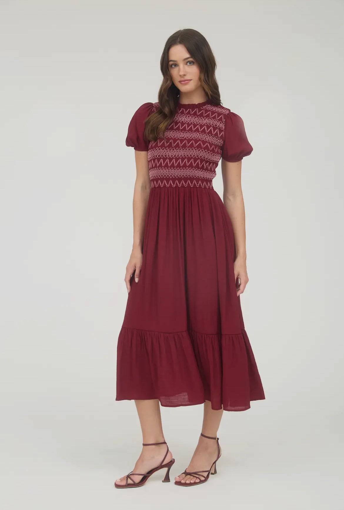 Burgundy + Pink Smocked Detail Midi Dress