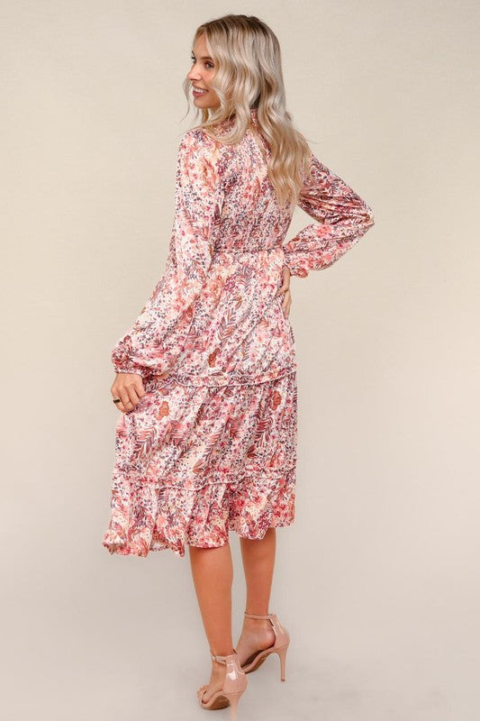 Marsala Satin Floral Smocked Midi Dress