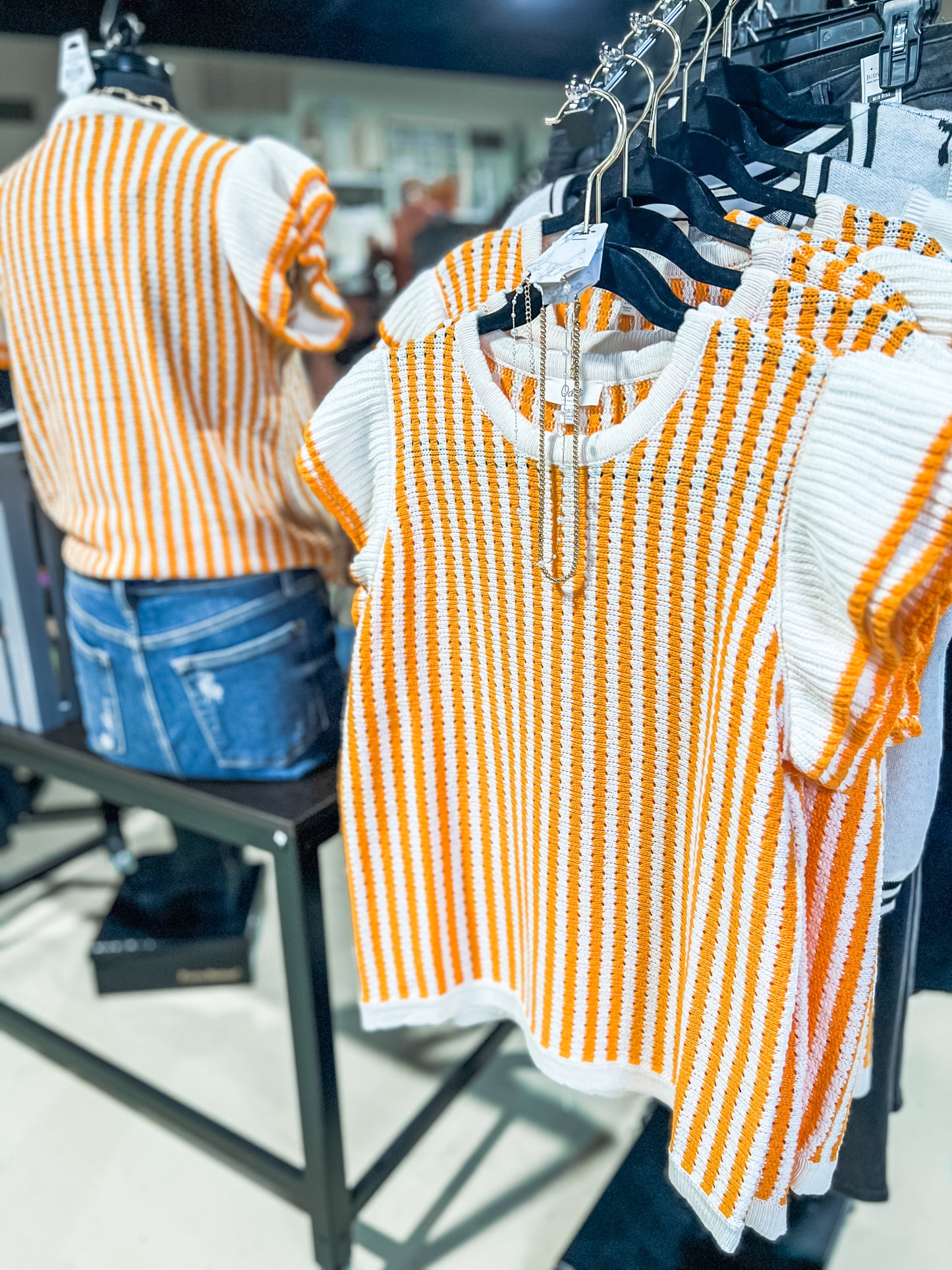Orange Stripe Ruffle Sleeve Sweater Top