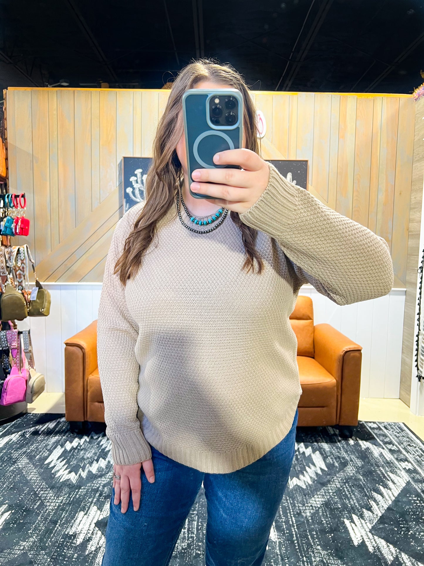 Light Mocha Round Neck Waffle Knit Sweater