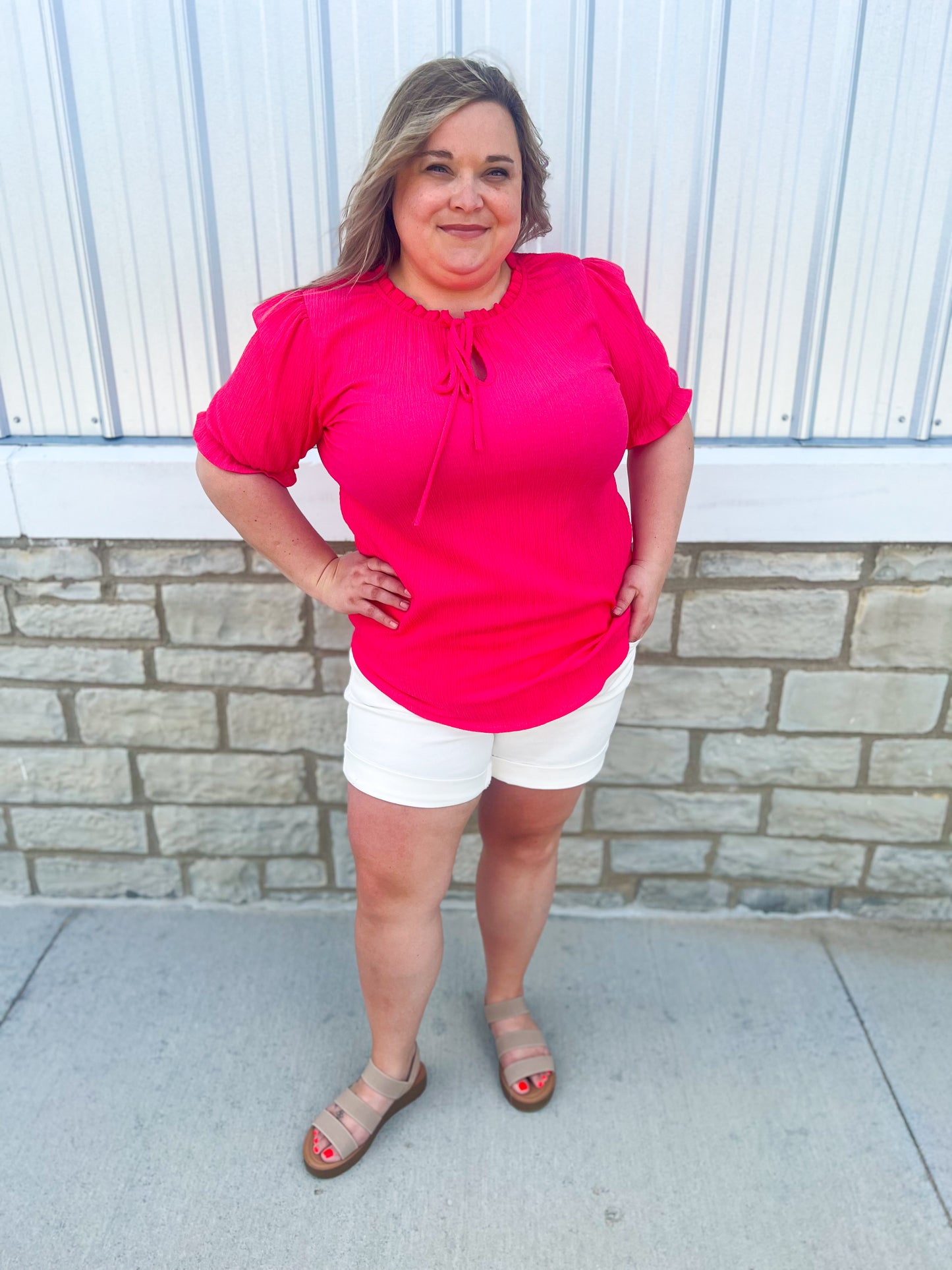 Fuchsia Ruffle Mock Neck Blouse