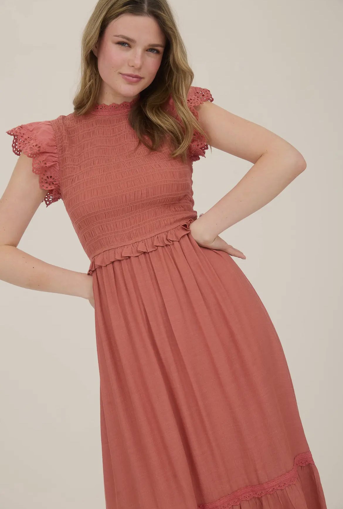Terracotta Smocked Eyelet Trim Midi Dress