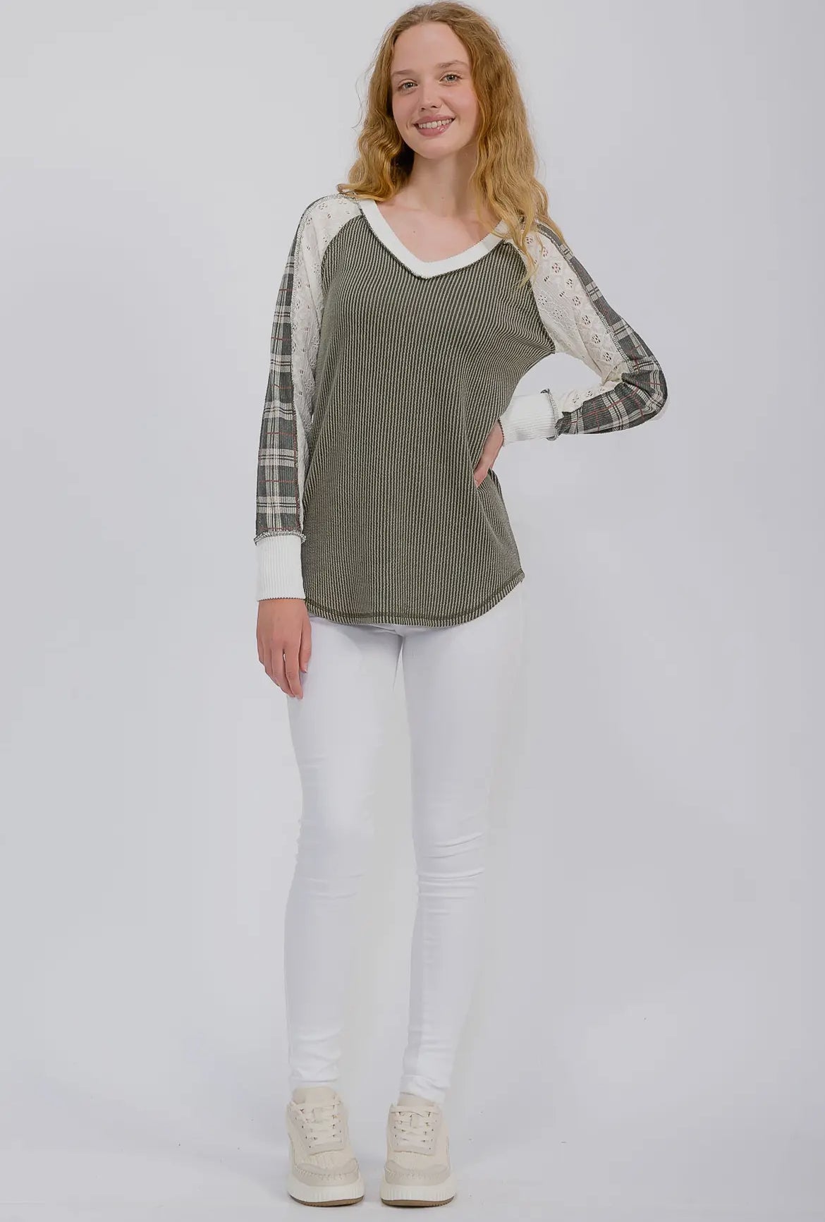 Olive + Plaid Ribbed Colorblock Long Sleeve Top