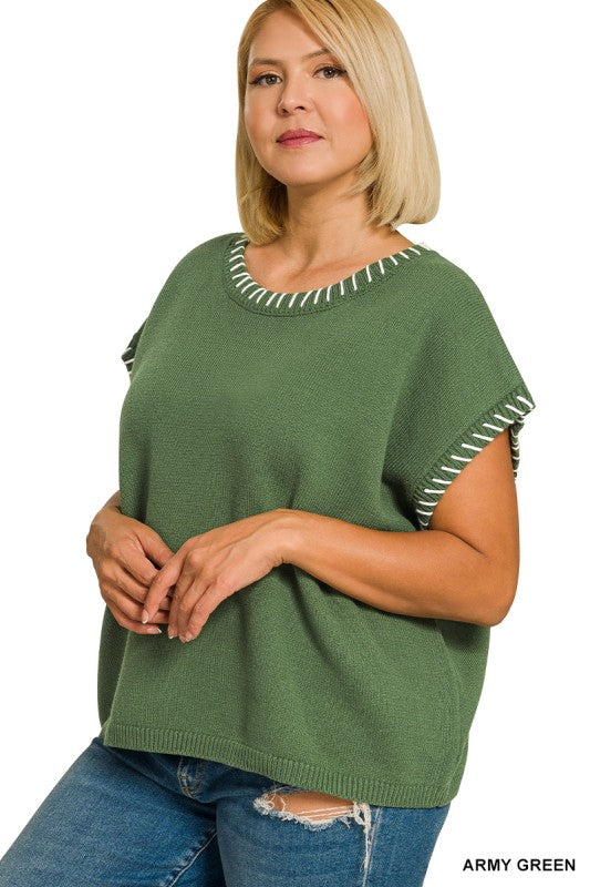 Army Green Stitched Edge Sweater Vest