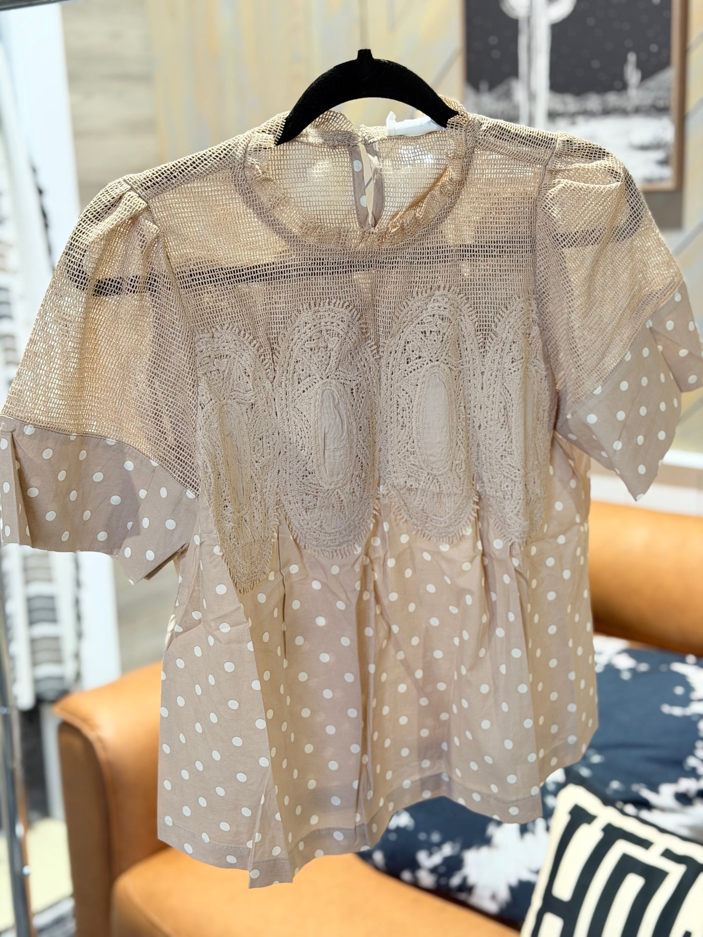 Beige Polka Dot Lace Trim Top