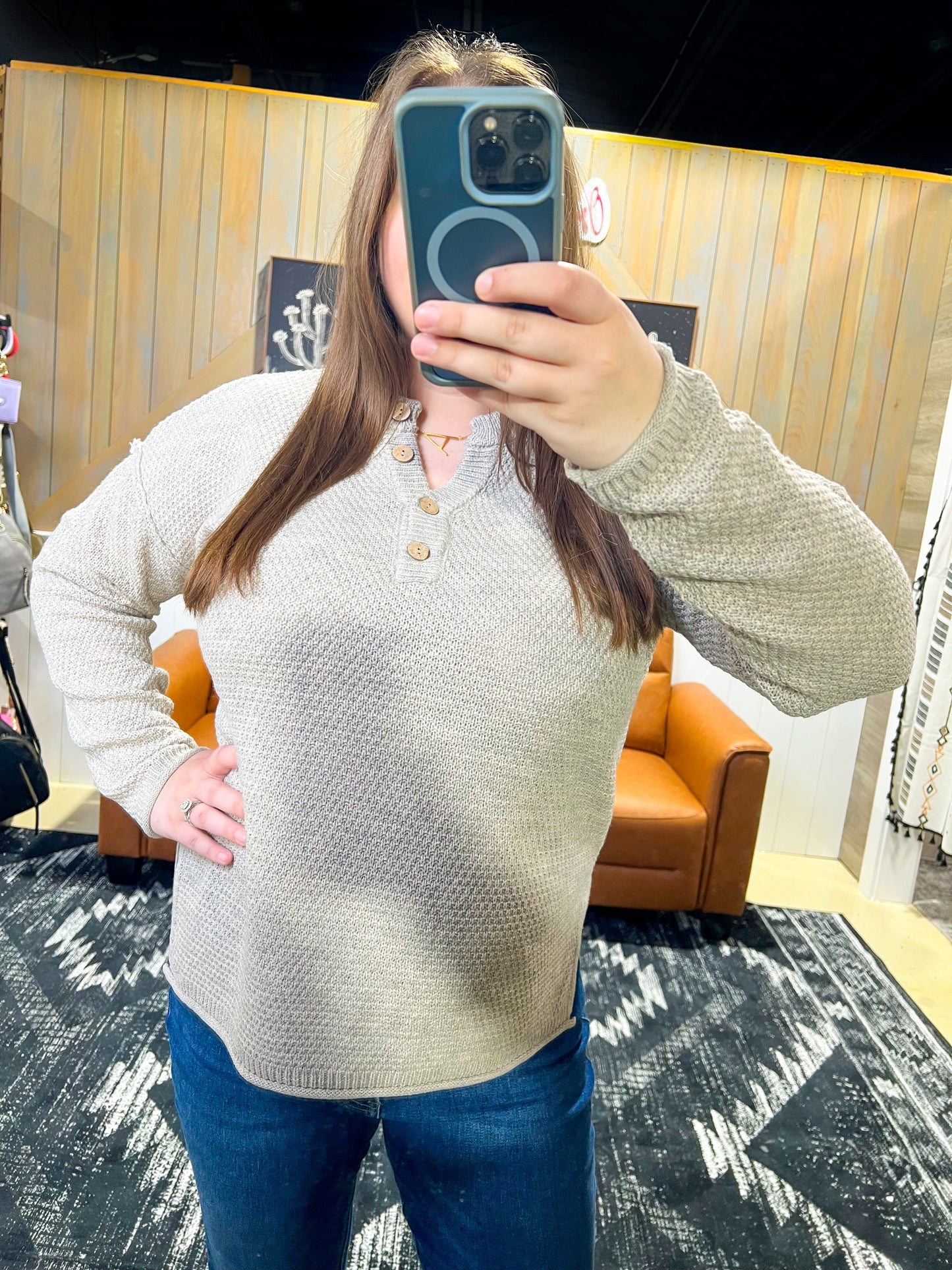 Heather Beige Button Henley Sweater