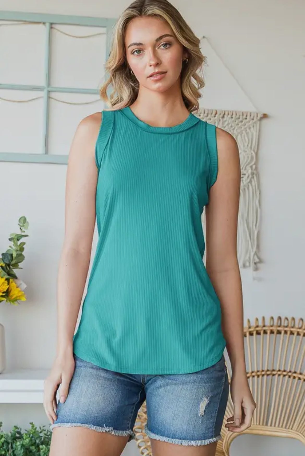 Jade High Neck Ribbed Sleeveless Top