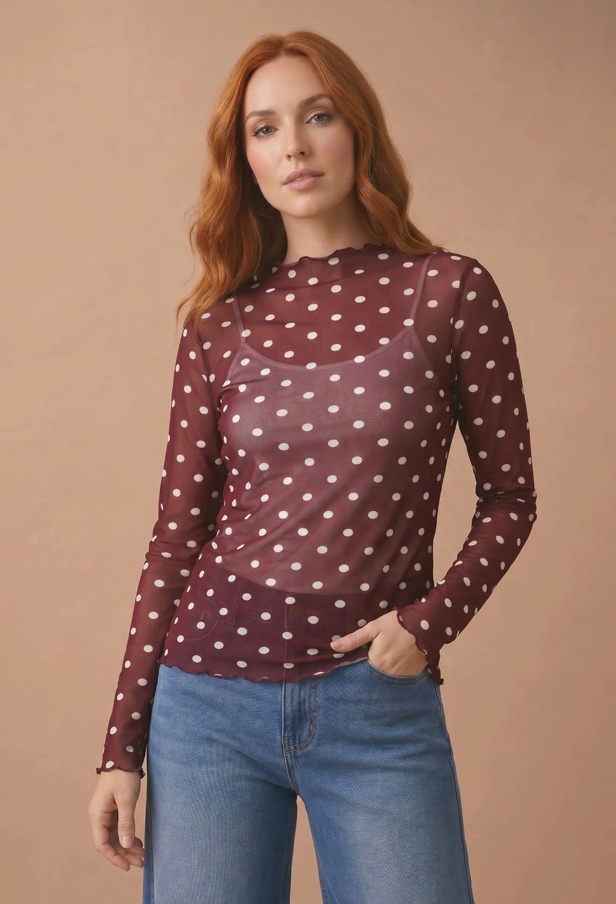 Maroon Polka Dot Mesh Long Sleeve