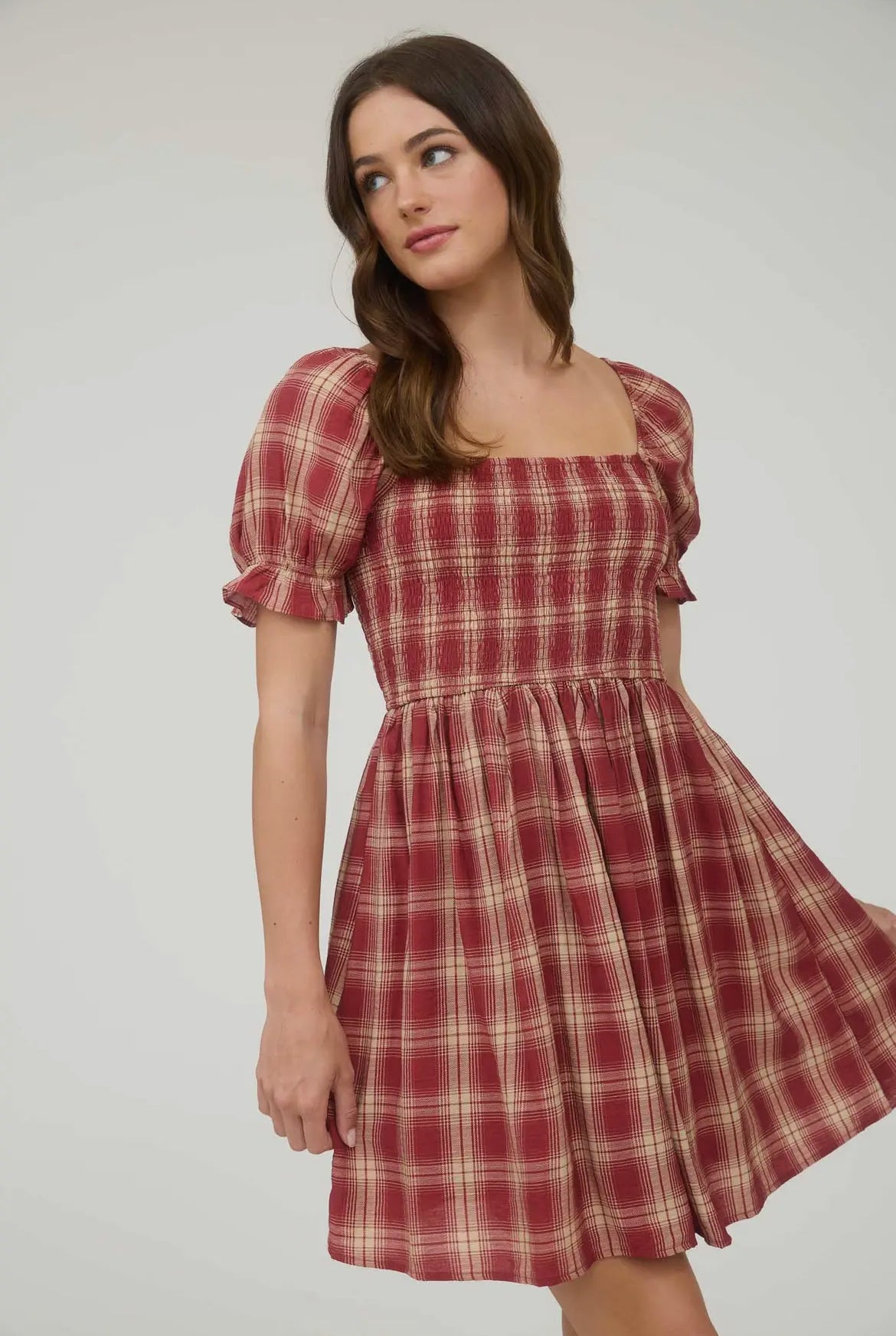 Burgundy Plaid Smocked Dress