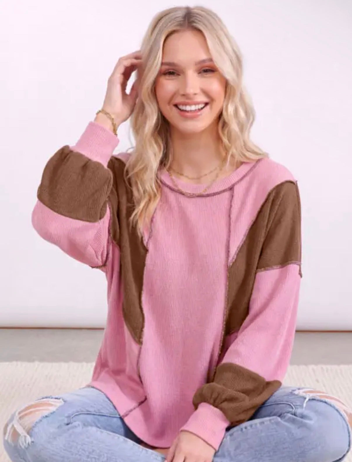 Pink + Brown Ribbed Colorblock Long Sleeve