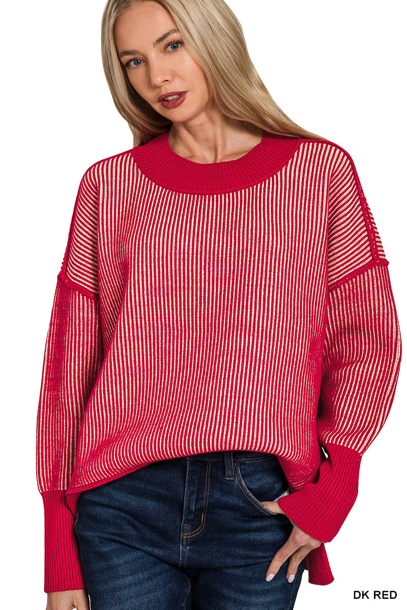 Dark Red Ribbed Two-Tone Sweater