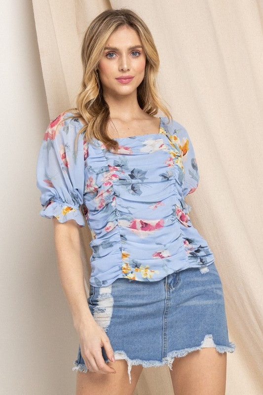 Blue Floral Ruched Top