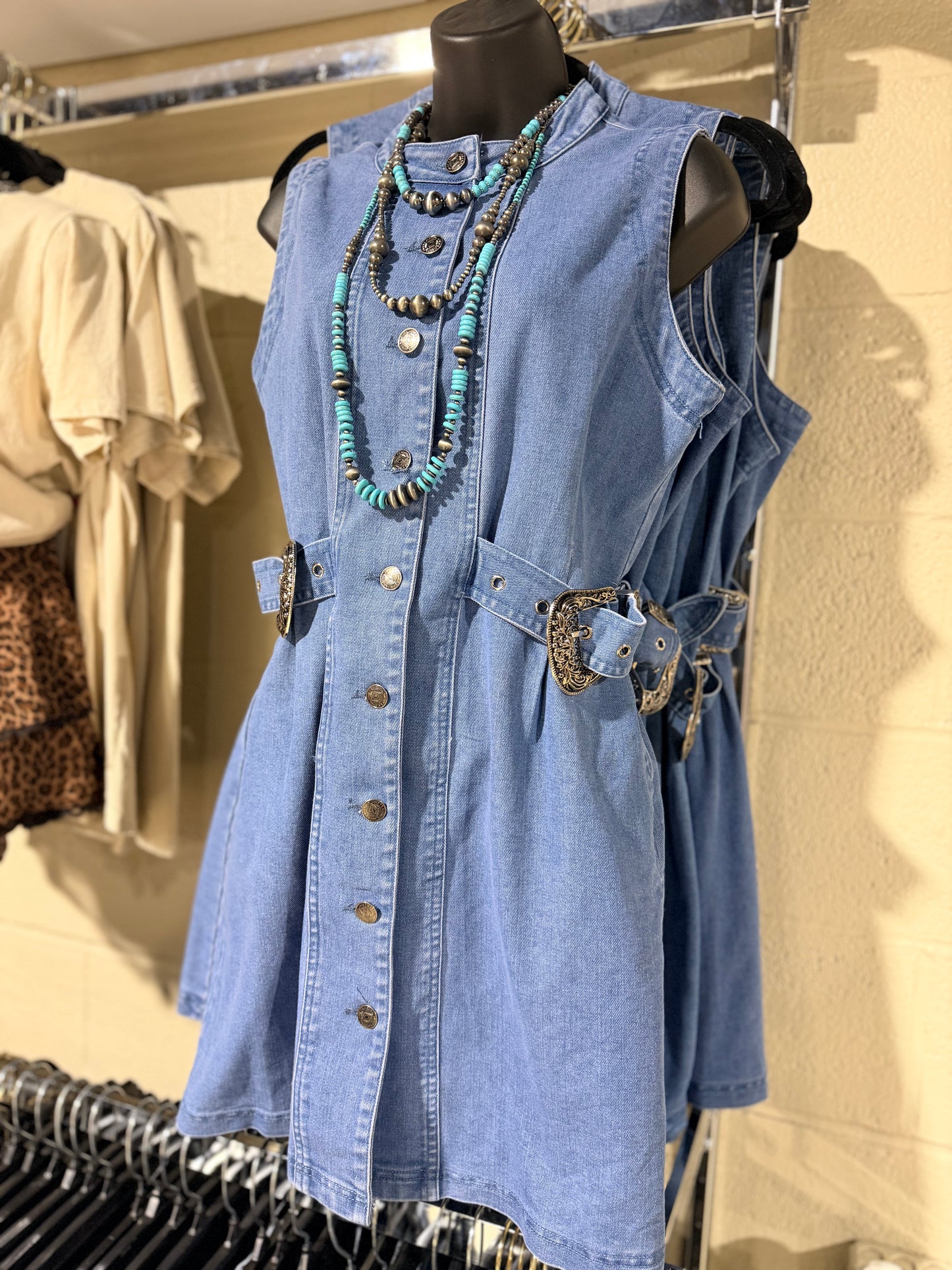 Denim Button Down Side Buckle Sleeveless Dress