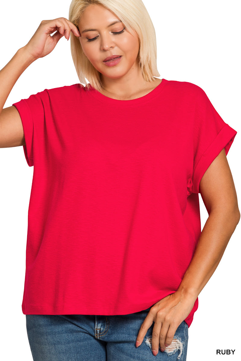 Ruby Red Cotton Modal Rolled Sleeve Top