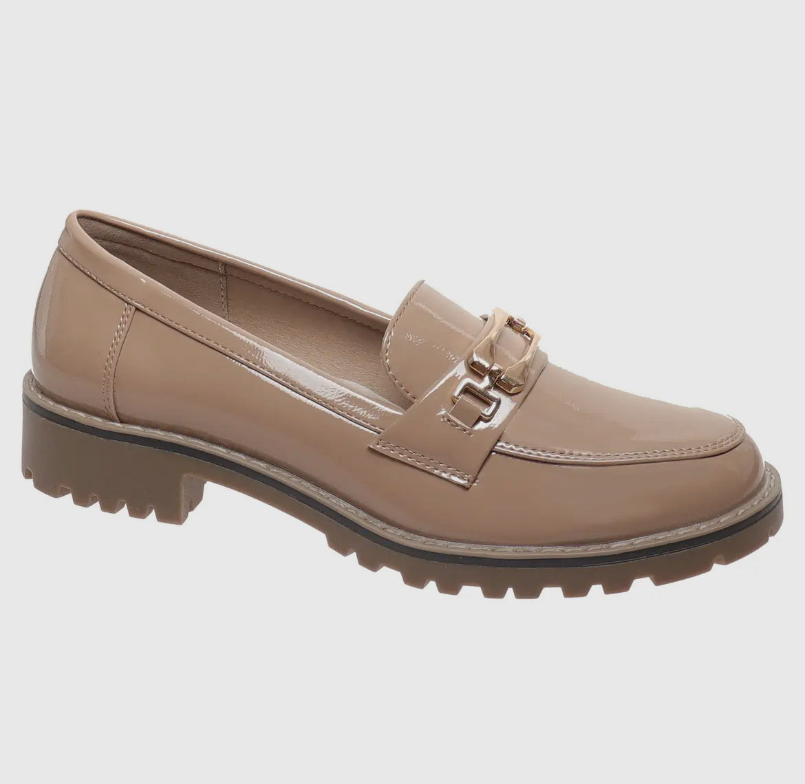 Anessa Taupe Faux Patent Leather Buckle Loafer