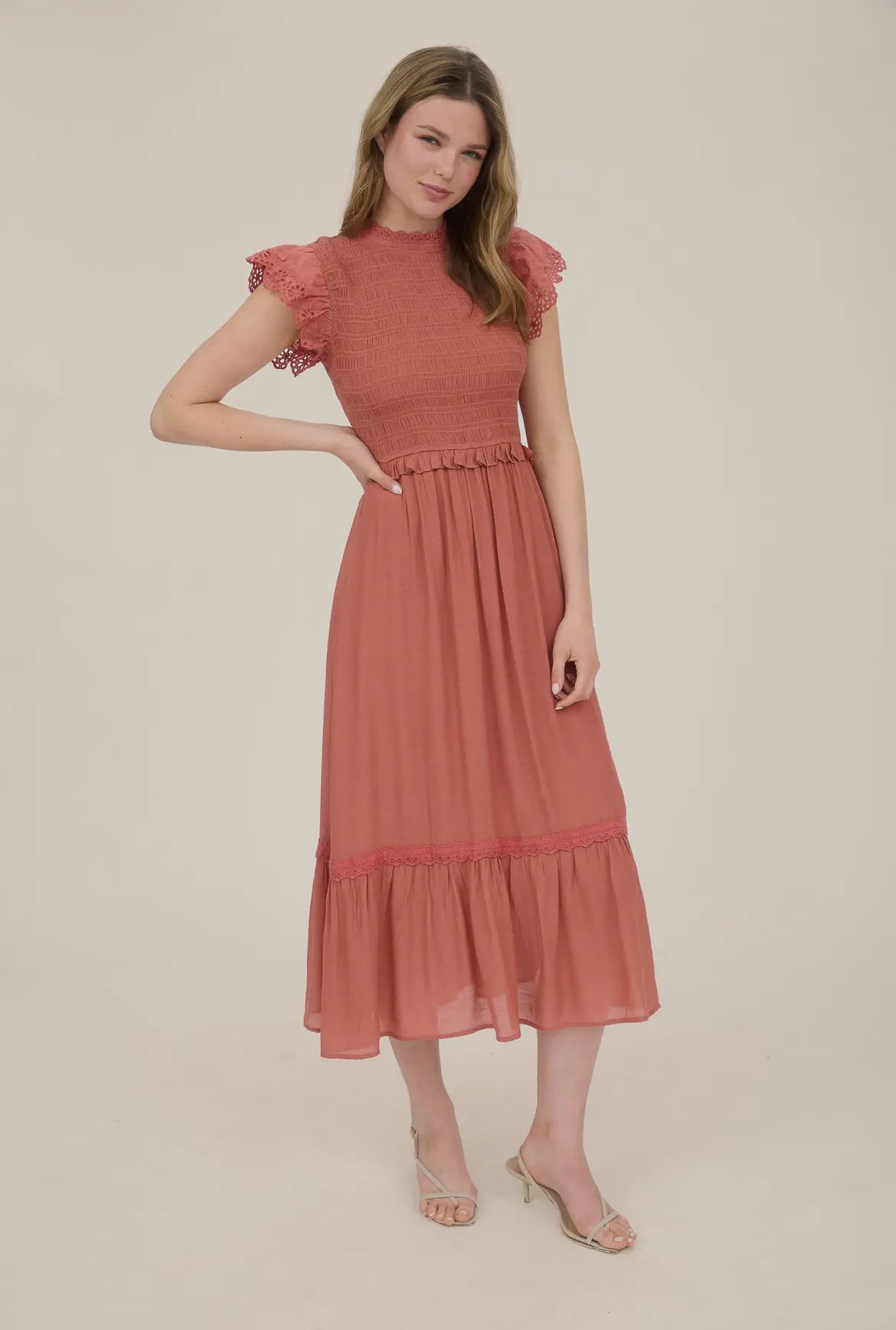 Terracotta Smocked Eyelet Trim Midi Dress