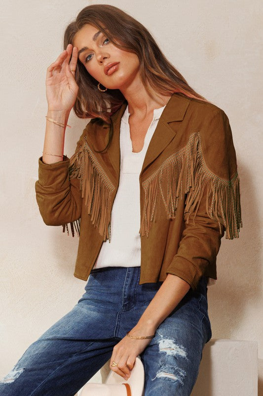 Tan Suede Studded Fringe Jacket