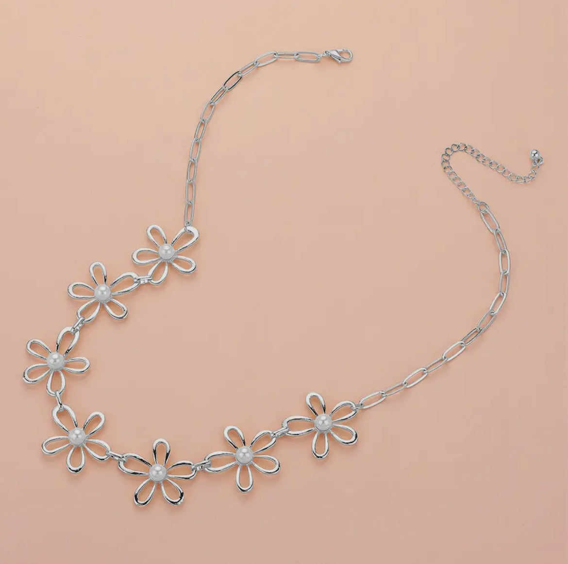 Silver Pearl Centered Flower Necklace